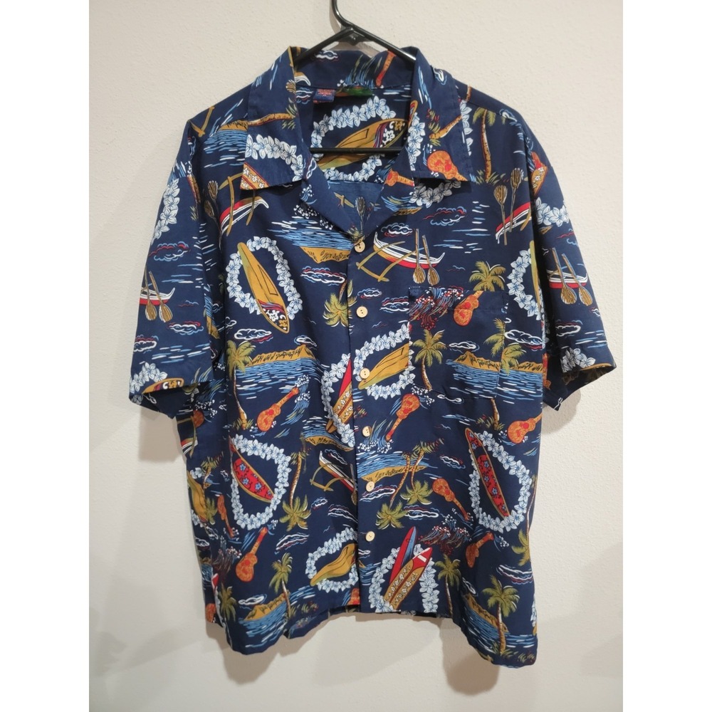 Roundy Bay Sz XL Navy Blue Hawaiian Aloha Shirt Ukulele Surf Board Print VTG‎